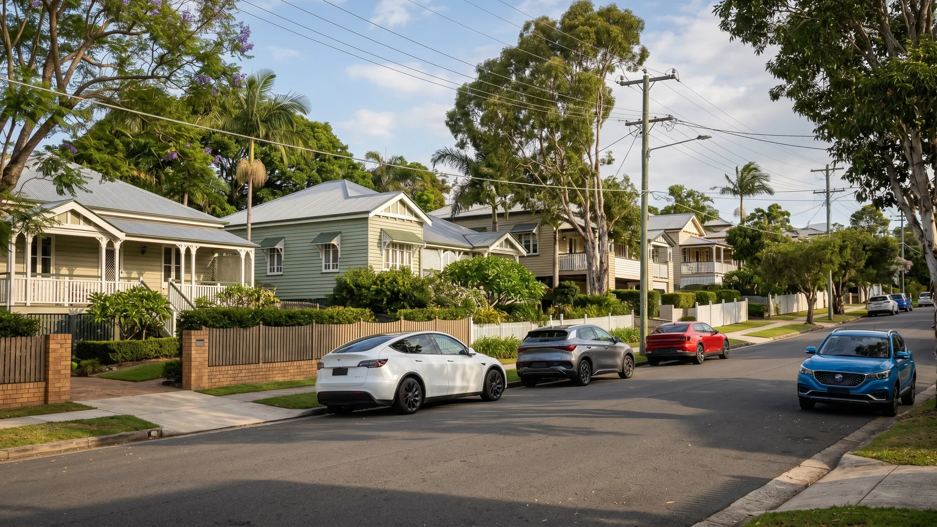 I have generated this establishing street-level shot to capture the distinct character of the Camp Hill area. You will notice the accurate Queenslander architecture and the local flora like the Jacarandas and palms that 
