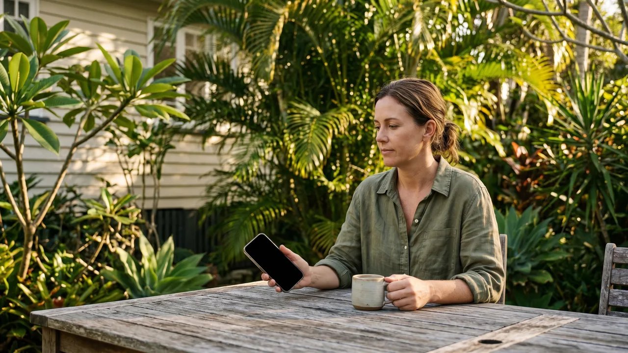 This photograph perfectly encapsulates the editorial vision for a calm, late-afternoon scene in a Brisbane backyard. It correctly identifies the intended subject and context over the conflicting general prompt text, stri