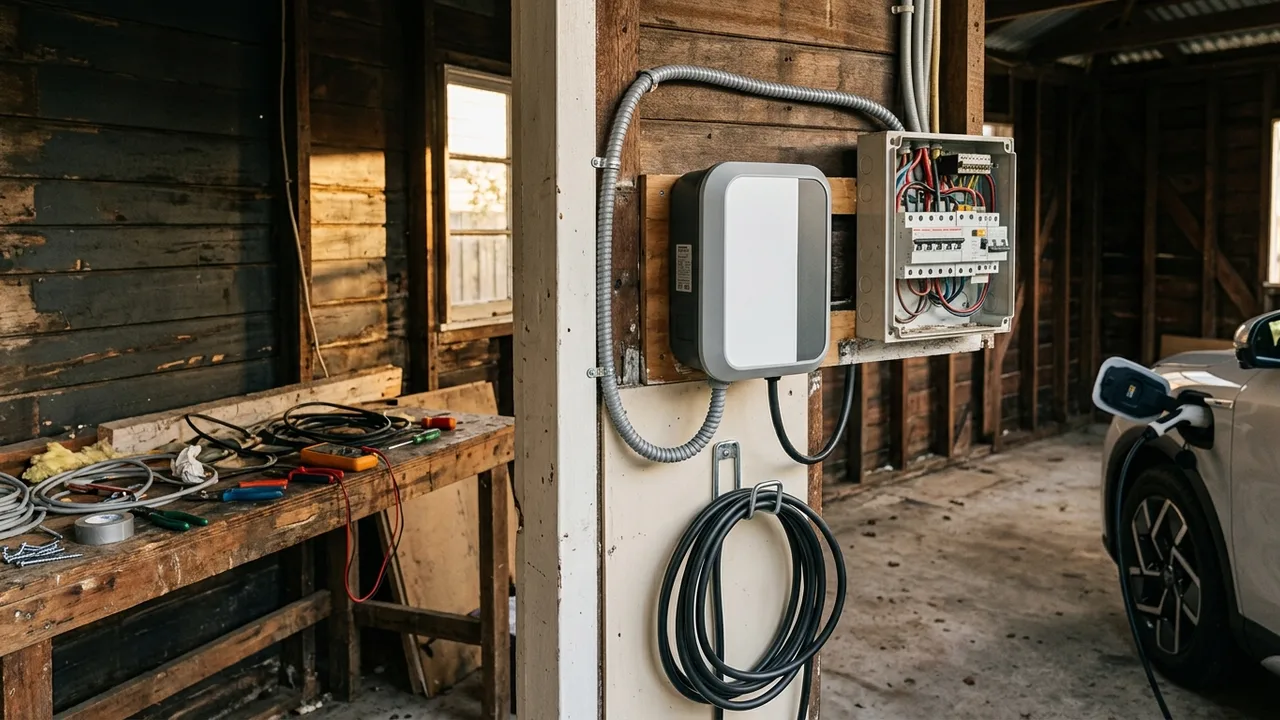 Here is the imagery of Brisbane home and apartment EV charger installations in grounded, real-world contexts, captured during the warm light of late afternoon.