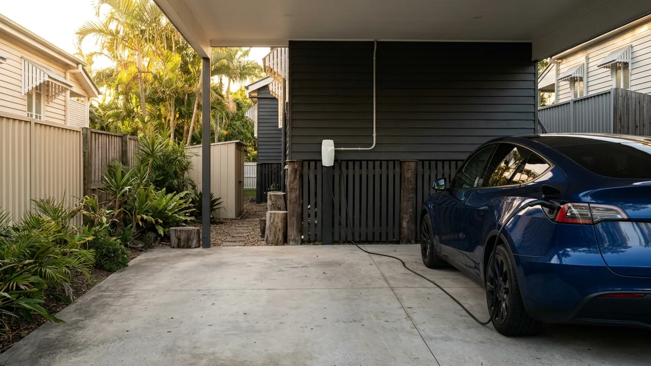 Brisbane ev charger installation context shot for "What actually happens when an electrician installs an EV charger in Coorparoo?"