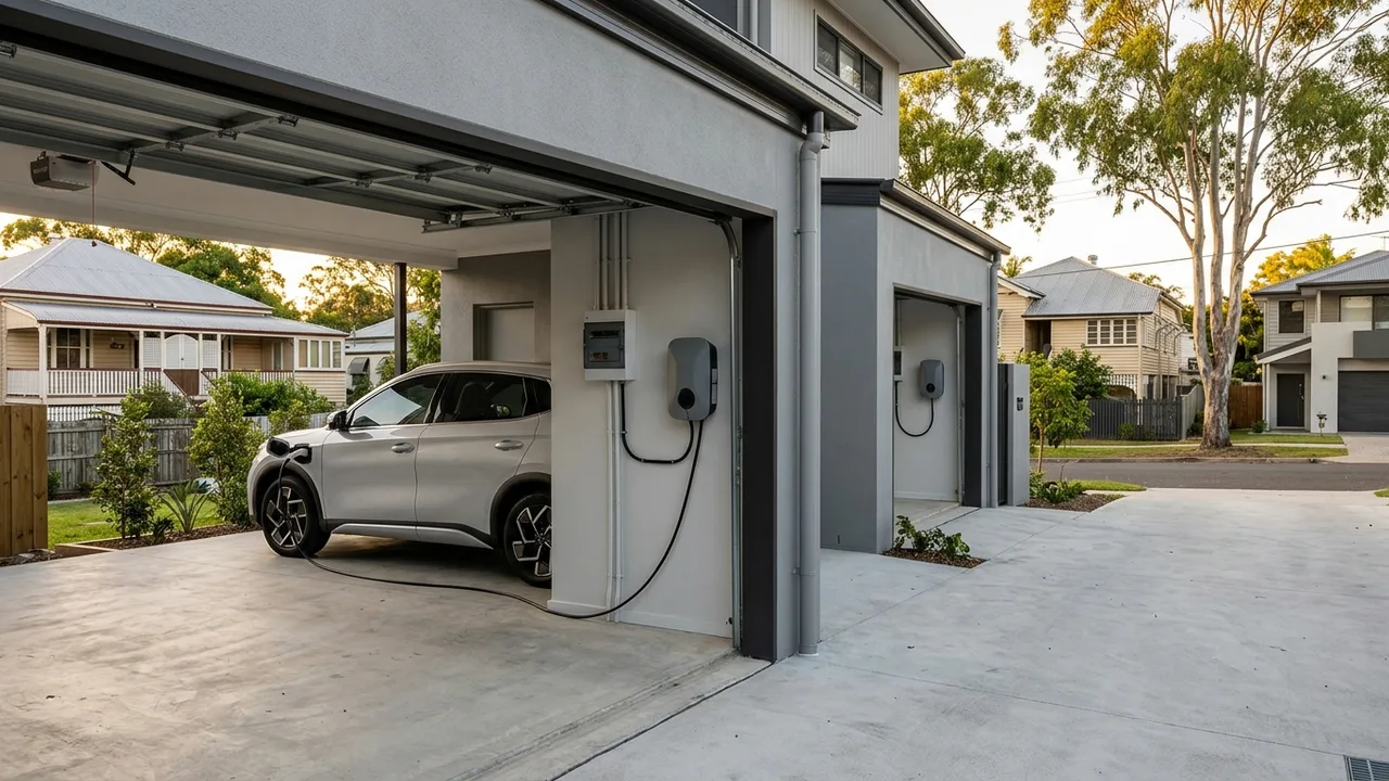 Here is a selection of wider environmental shots from Brisbane, showing clean, integrated EV charger installations in both traditional Queenslander homes and modern new builds.
