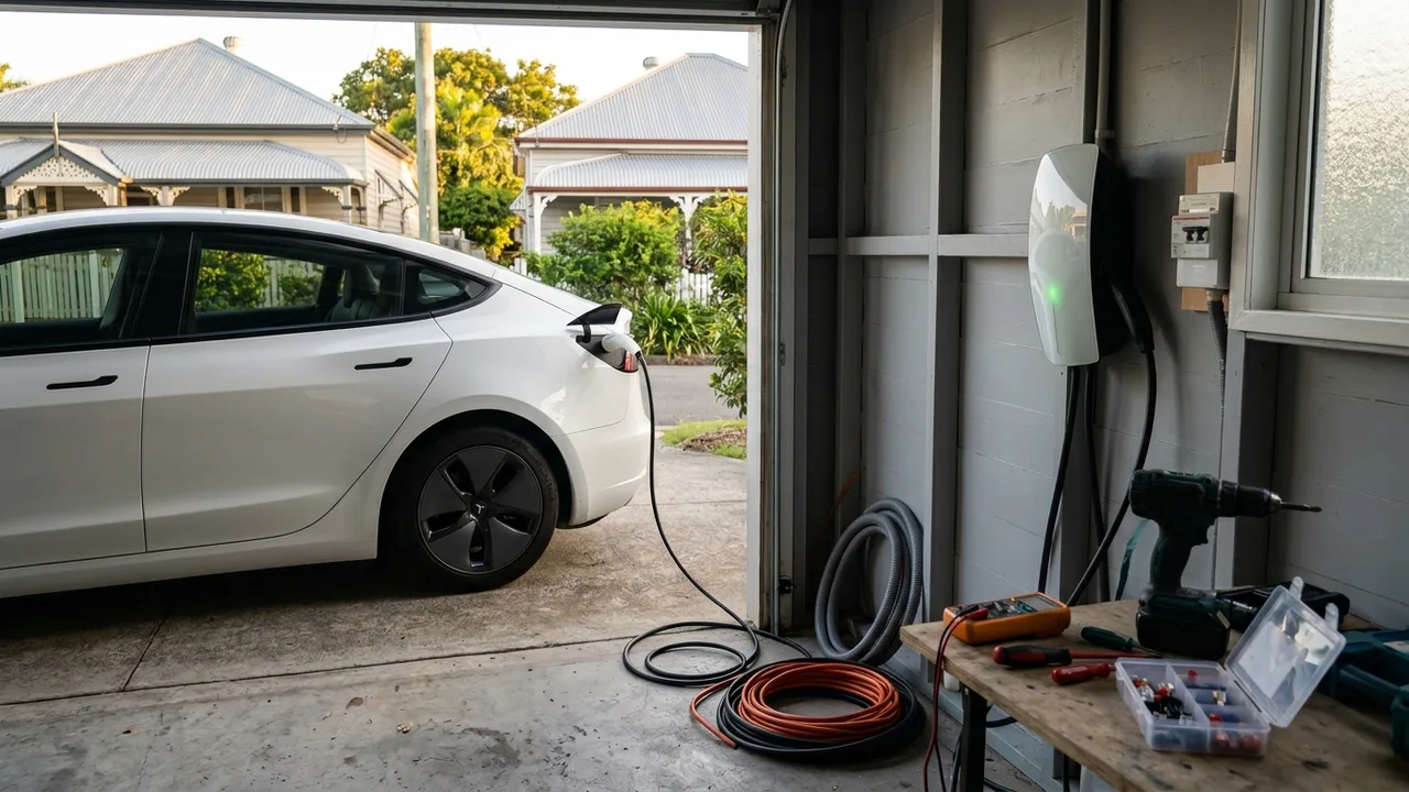 I will verify the generated image against the specific context of the article. The image accurately grounds the subject of EV charger installation in a distinct Brisbane setting, complete with characteristic Queenslan...