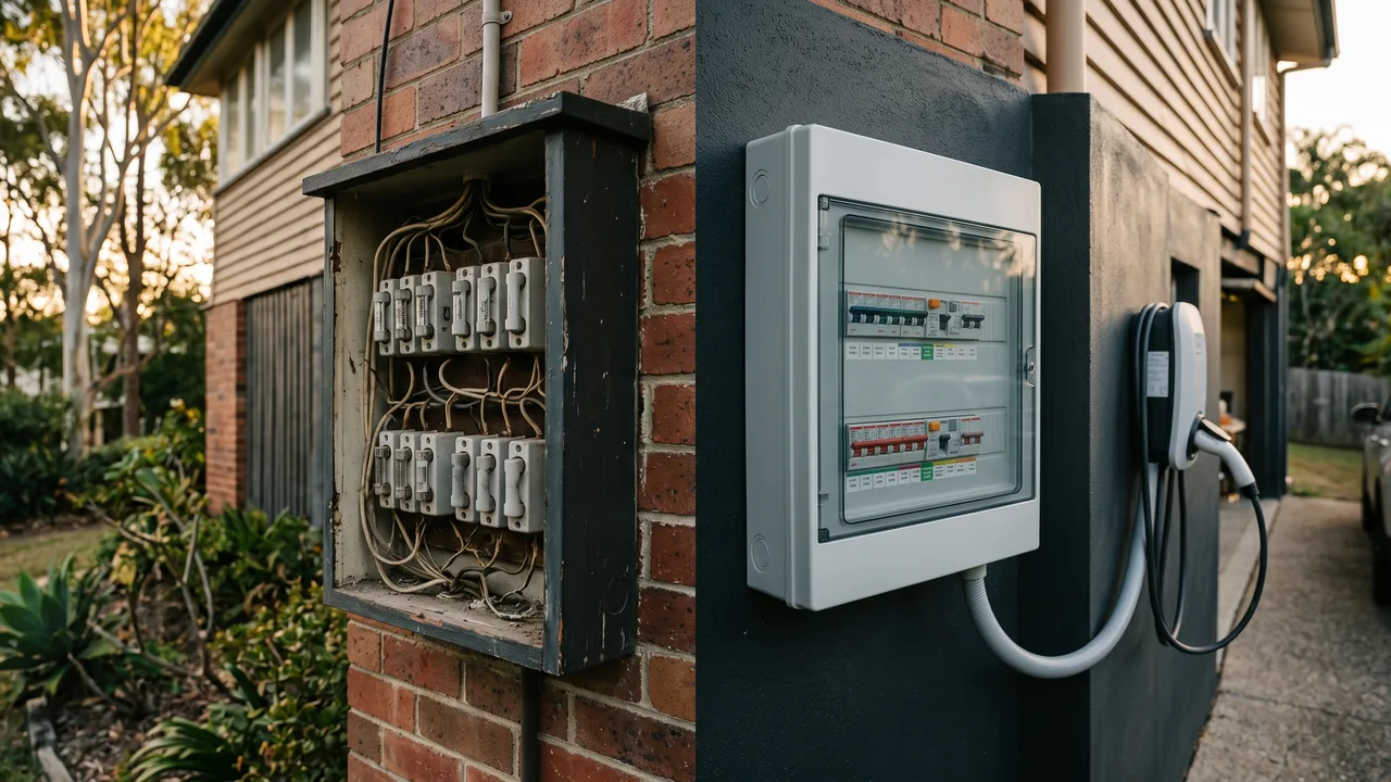 This editorial-quality scene successfully depicts the transition to EV-ready infrastructure within a grounded Brisbane suburban setting. The architectural styles and background elements, such as the gum trees, accurately
