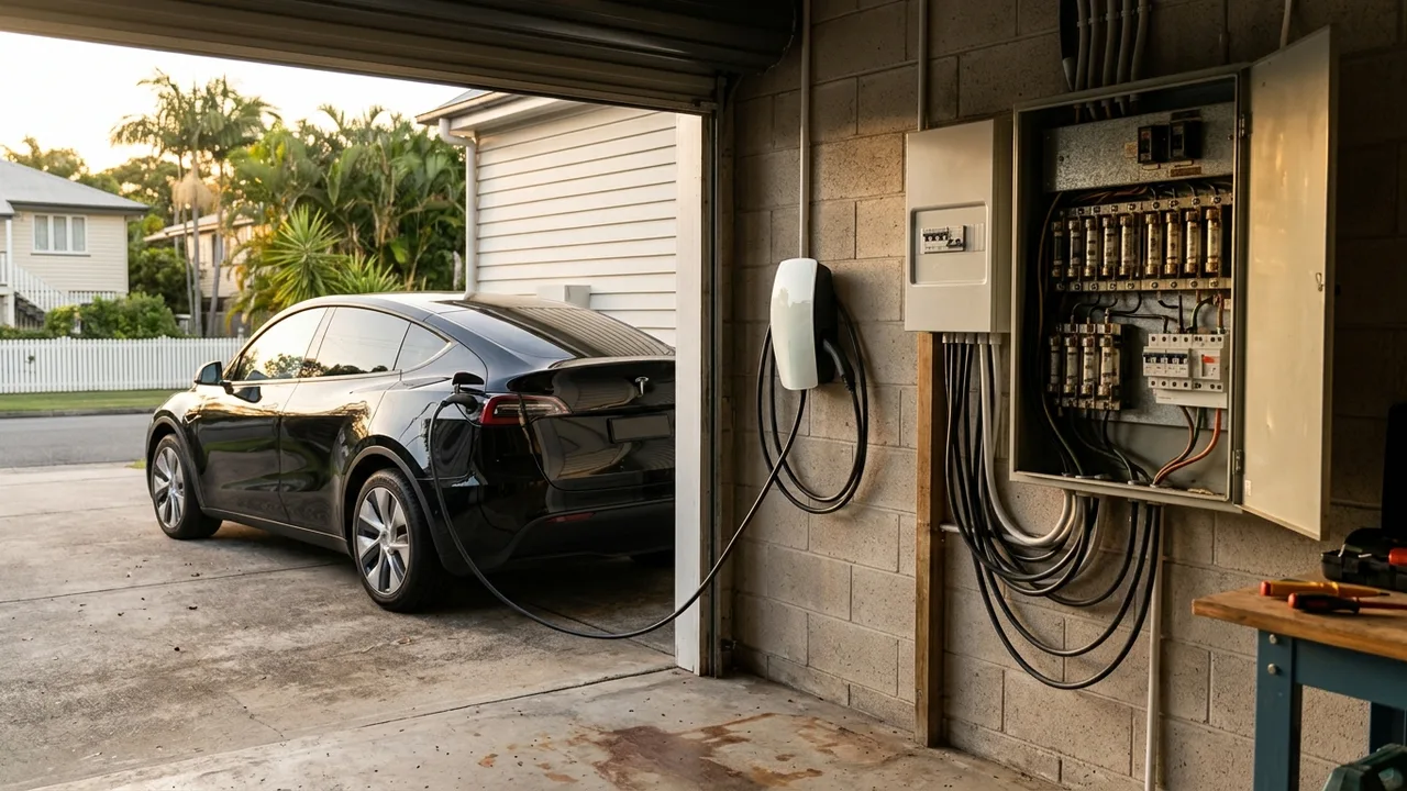 Brisbane ev charger installation context shot for "When does installing an EV charger mean your switchboard has to go too?"